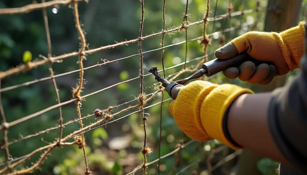 Réparation d’une brèche de clôture en grillage causée par un animal