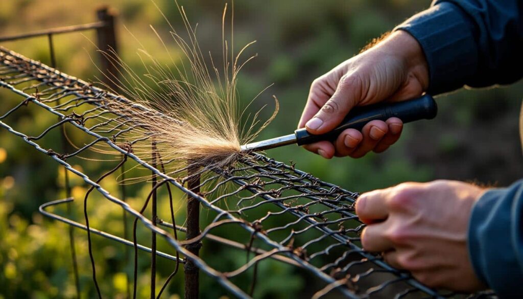 Réparation d’une brèche de clôture grillagée après passage animal