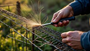 Réparation d’une brèche de clôture grillagée après passage animal