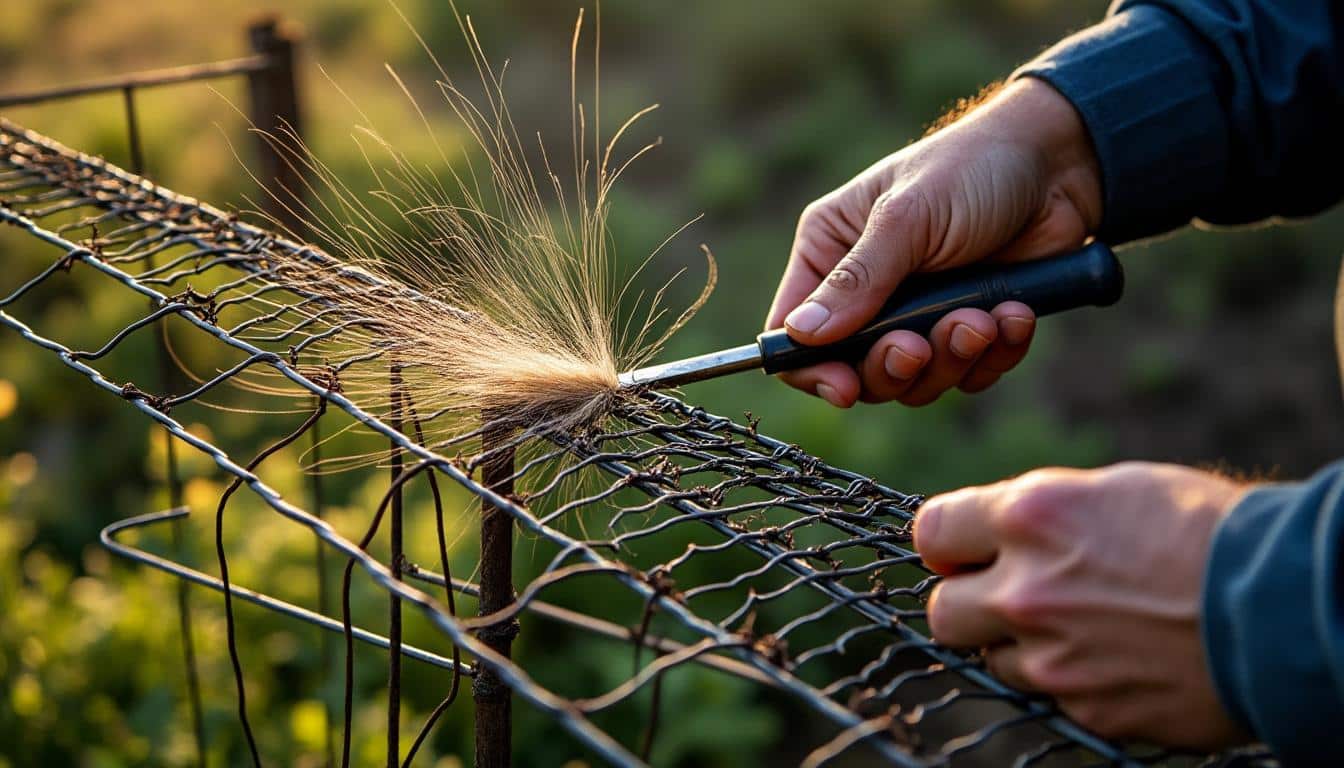 Réparation d’une brèche de clôture grillagée après passage animal